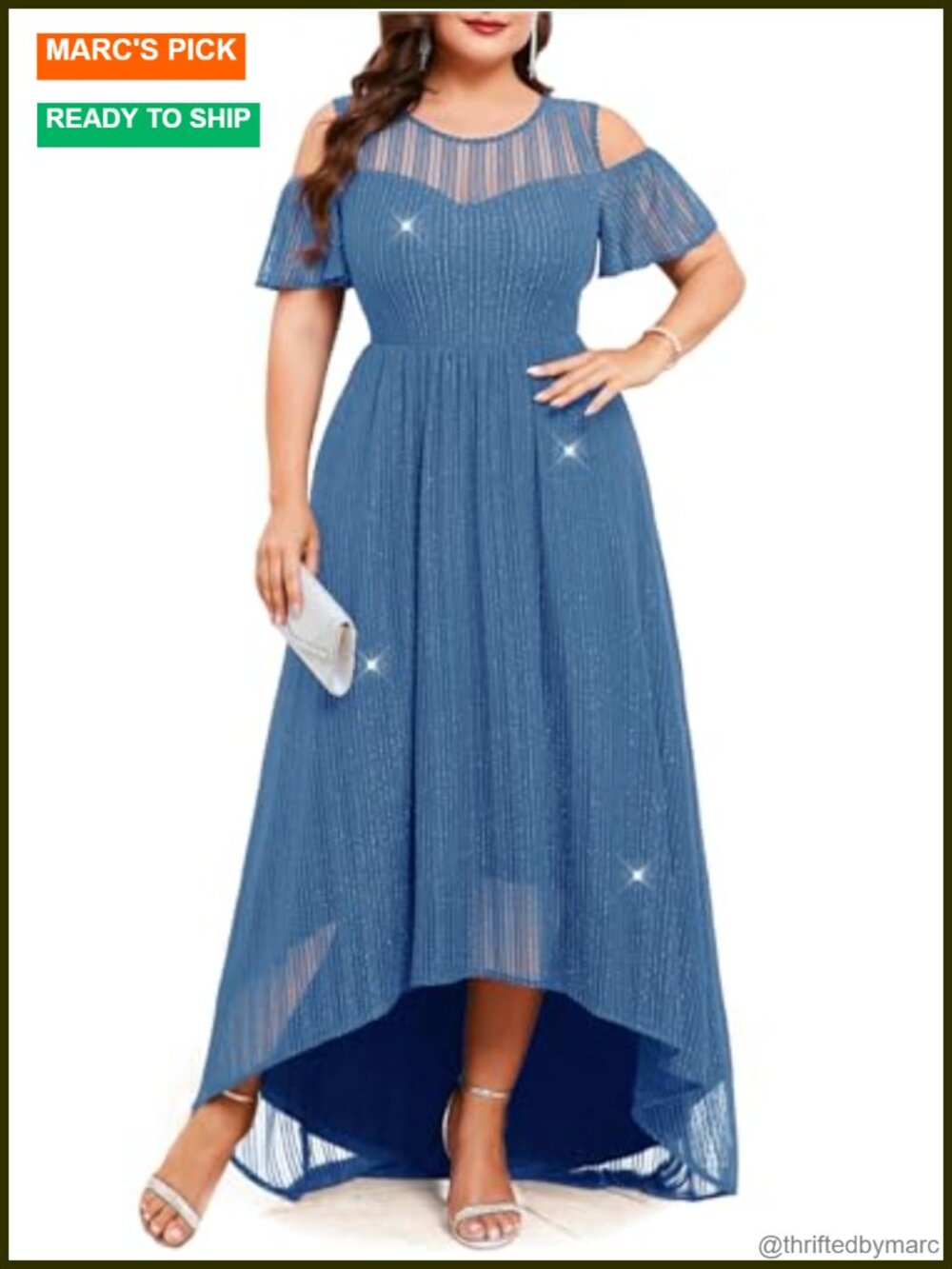 Plus Size Sparkly Mesh Maxi Dress Cold Shoulder Ruffle Sleeve High Low A-Line